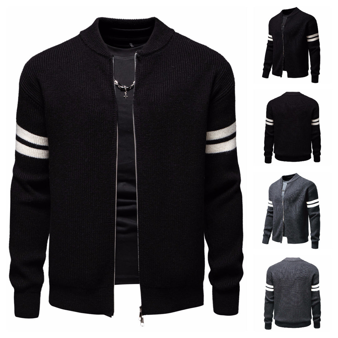 Herren Strickjacke mit modernem Zipper und dekorativem Streifenmuster Echoarchiv