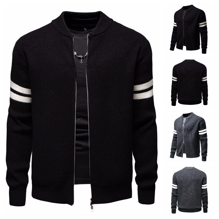 Herren Strickjacke mit modernem Zipper und dekorativem Streifenmuster Echoarchiv