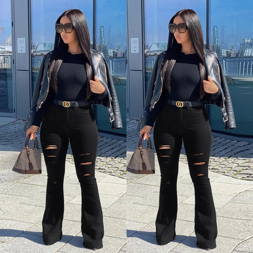Damen High-Waist Schlaghose im Stretch-Denim mit mehrfachem Destroyed-Effekt Echo Archiv