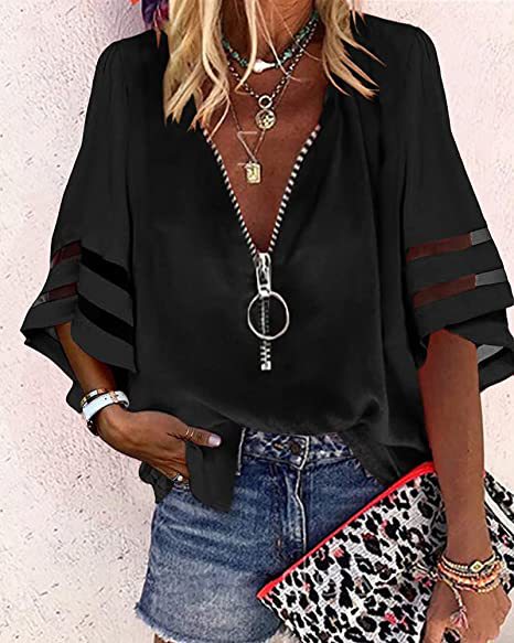 Damen V‑Ausschnitt Bluse mit dekorativem Ringreißverschluss und Cut-Out-Ärmeln Echo Archiv