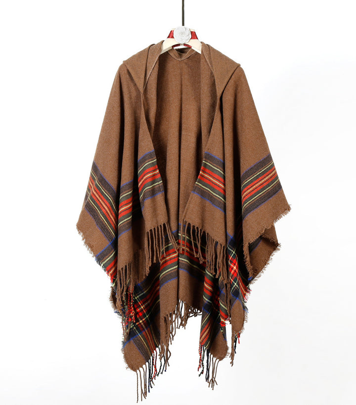 Damen Kapuzen‑Capeponcho im Tartanmuster mit Fransensaum aus weichem Wollmix – Montévia
