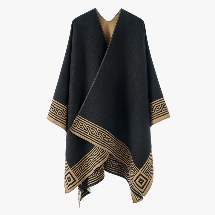 Damen Poncho‑Cape mit griechischer Bordüre, V‑Ausschnitt und kastigem Oversize‑Schnitt – Avérine