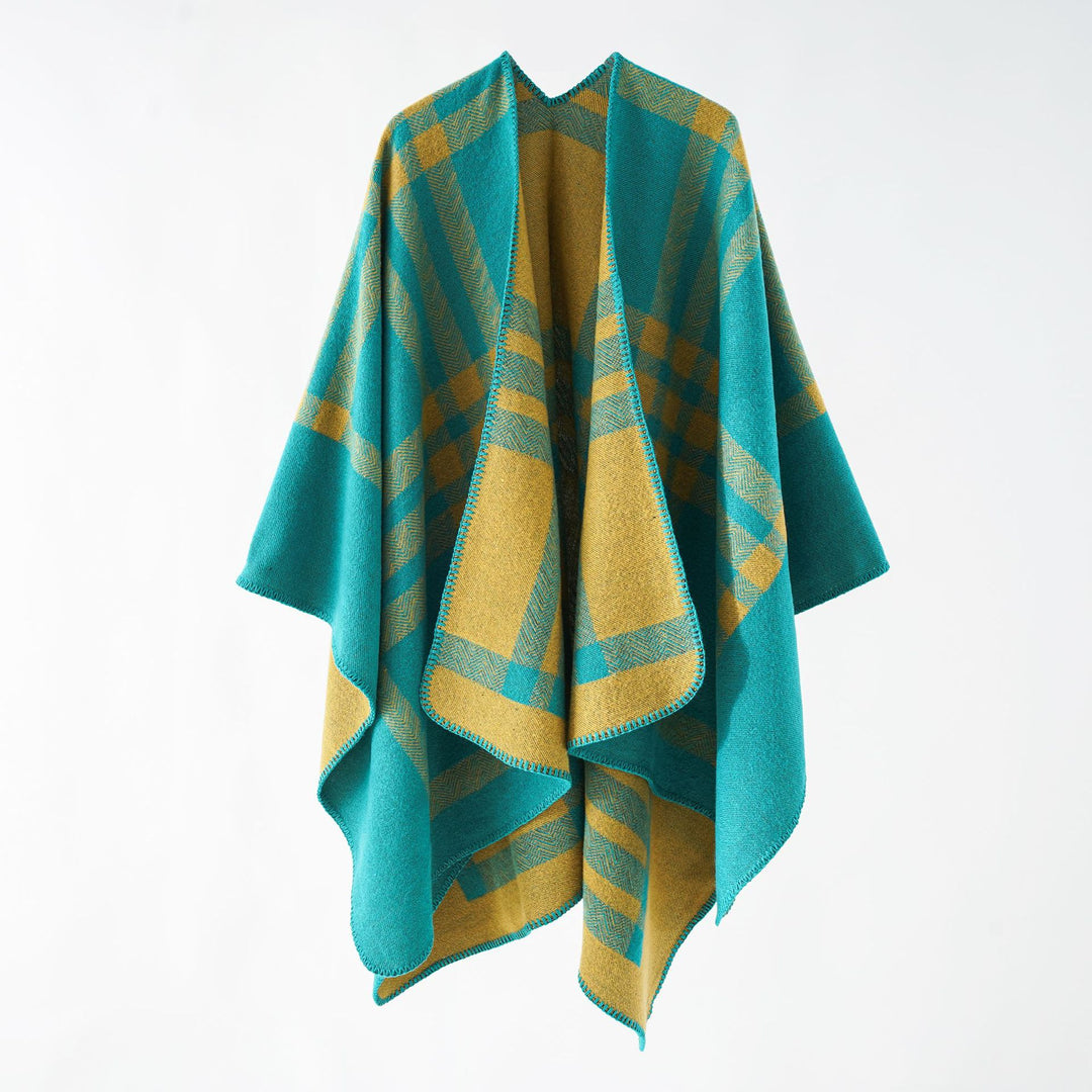 Damen Oversize-Webponcho im kastigen Kimono-Fall mit geometrischer Karo-Struktur Echo Archiv