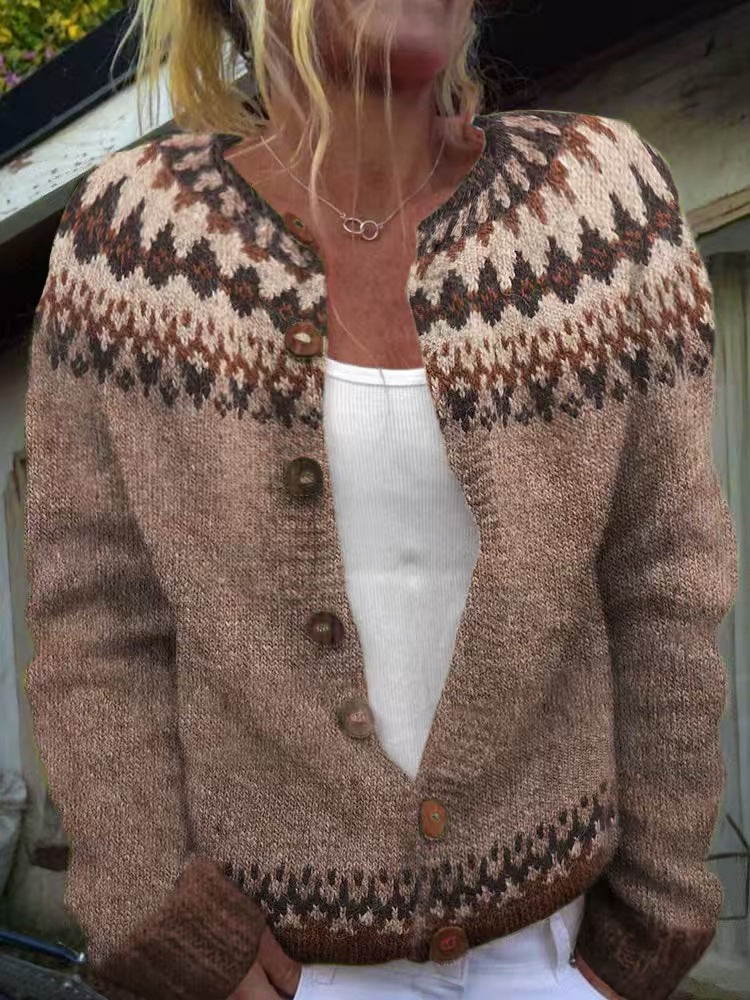 Damen nan gemusterte Strickjacke mit Rundpasse, Holzknöpfen und Eingrifftaschen Echo Archiv