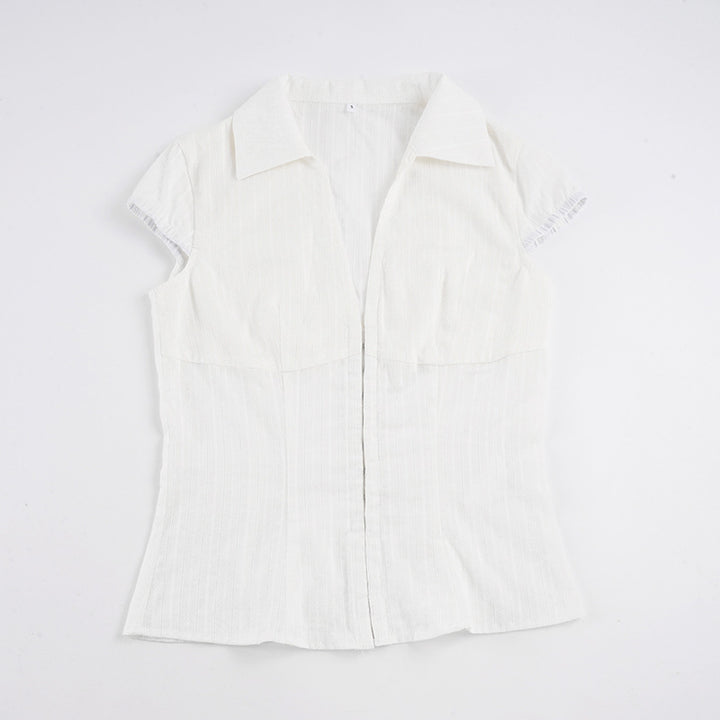 Damen Elegantes kurzärmliges Blusenshirt mit schickem Stehkragen und Reißverschluss Echo Archiv