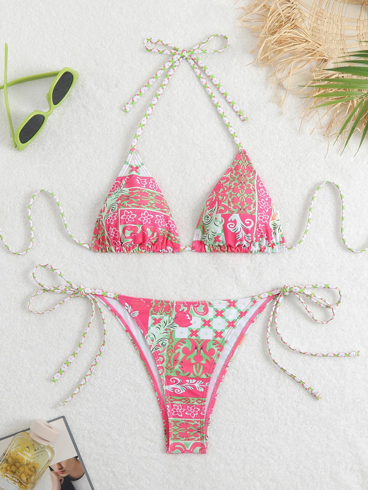 Damen Triangel-Bikini-Set mit verspieltem Blumenmuster und feinen Bindebändern Echo Archiv