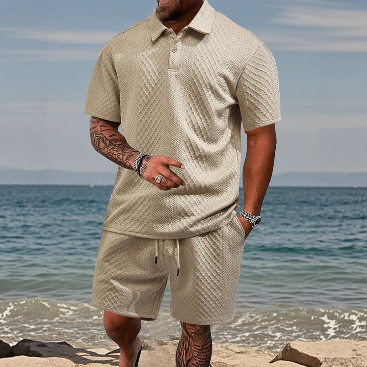 Herren nan texturiertes Jacquard-Poloshirt kurzärmelig schmaler Schnitt mit Polokragen Echo Archiv