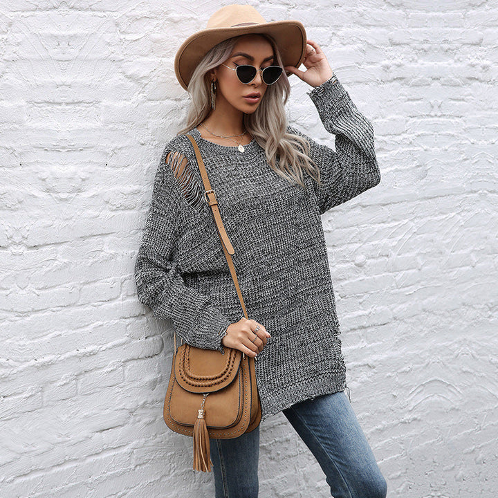 Damen Grobgestrickter Oversize-Pullover mit offenen Maschen, rohem Saum und Rundhalsausschnitt Echoarchiv