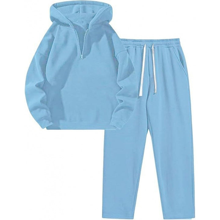 Damen Relax-Set mit kurzem Halbzip, übergroßer Kapuze und taillenhoher tapered Jogginghose – Auréline