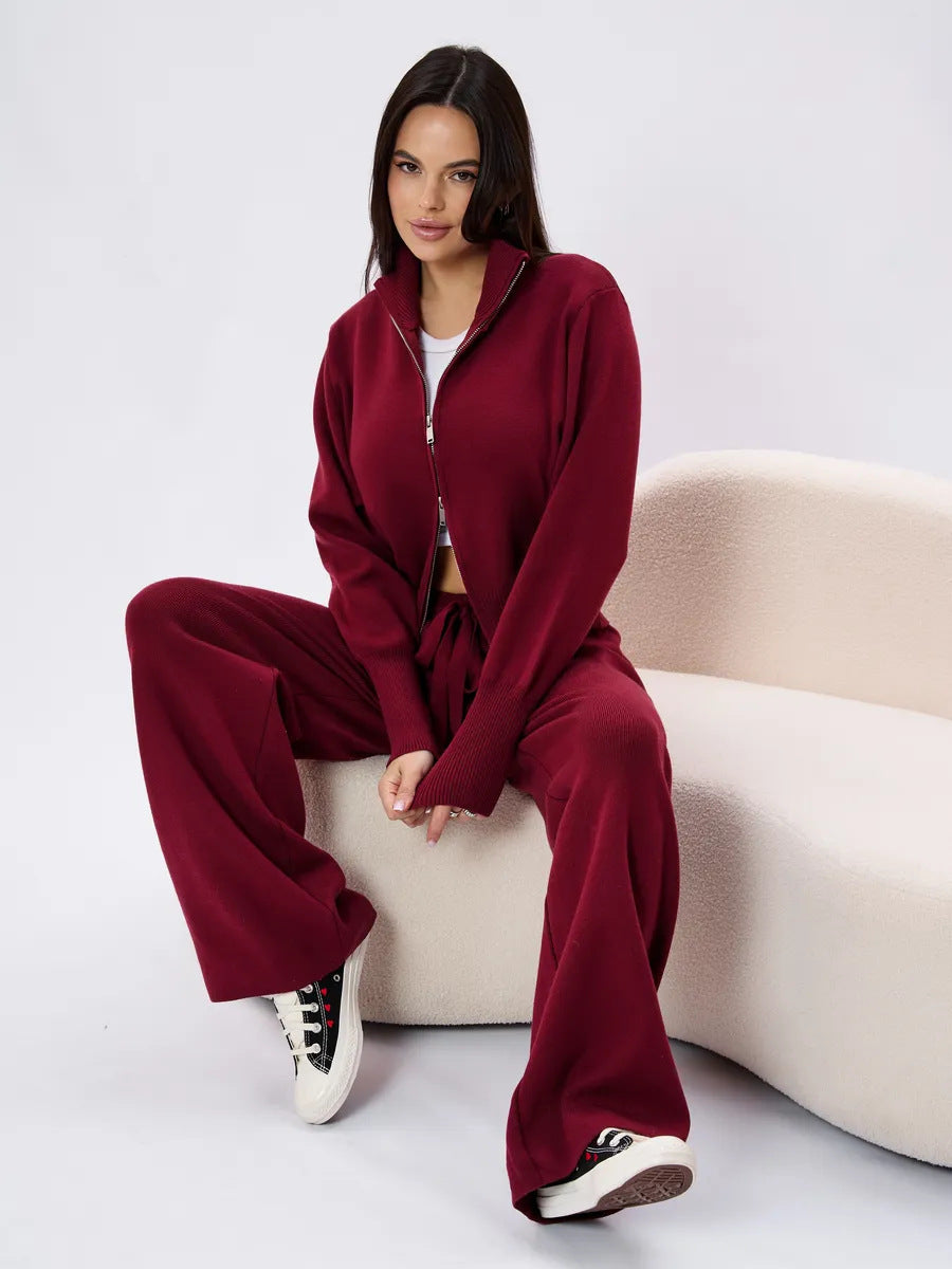 Damen nan gestricktes Loungewear-Zweiteiler mit kurzem Reißverschluss-Cardigan und weitem Highwaist-Hosenbein Echo Archiv