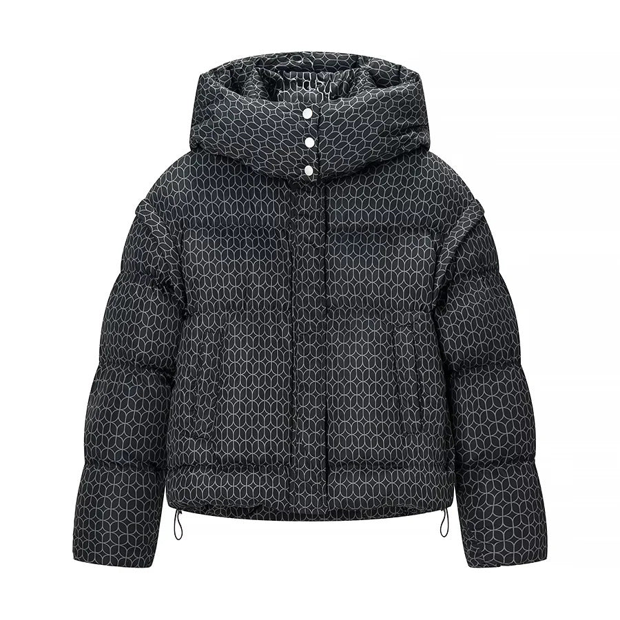 Damen kurze Boxy-Steppjacke mit grafischem Quiltmuster, großer Kapuze, verdeckter Druckknopfleiste und Tunnelzugsaum – Célinea