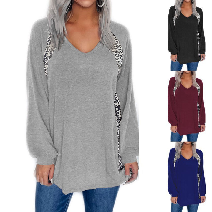 Damen Oversize V-Ausschnitt Langarm-Tunik mit Leo-Seiteneinsätzen und lässiger Silhouette Echoarchiv