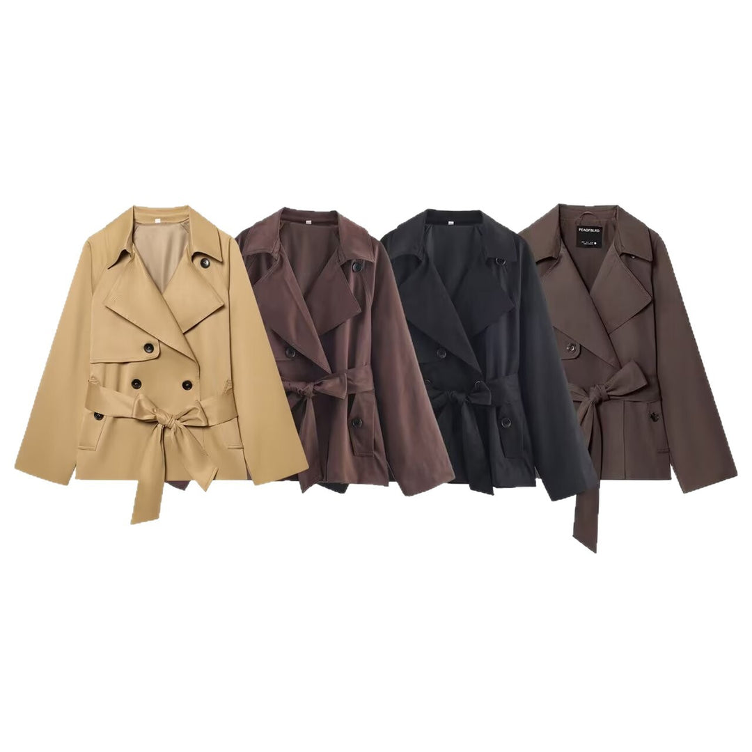 Damen Gekürzte Taillengürtel-Trenchjacke mit breitem Revers und Pattentaschen Echo Archiv