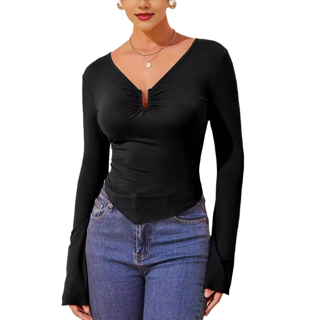 Damen nan tailliertes Langarmshirt mit gerafftem Schlitz-Ausschnitt und spitzem Zipfelsaum Echo Archiv