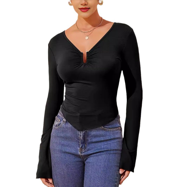 Damen nan tailliertes Langarmshirt mit gerafftem Schlitz-Ausschnitt und spitzem Zipfelsaum Echo Archiv