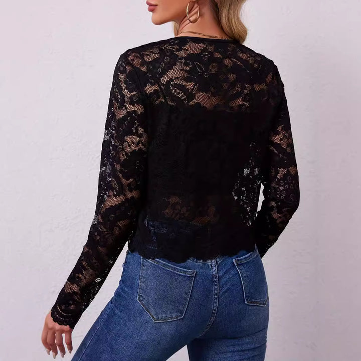 Damen nan kurz geschnittene transparente Spitzenbolerojacke mit floraler Spitze und Hakenverschluss Echo Archiv