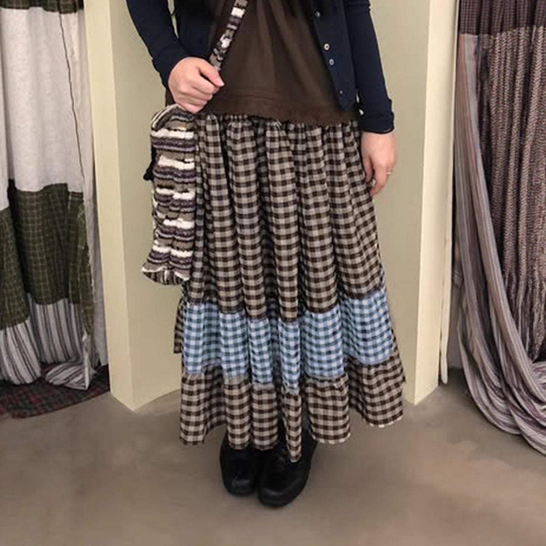 Damen nan mehrlagiger Baumwoll-Stufenrock mit elastischem Taillenbund, kontrastierendem Gingham-Band und Volant Echo Archiv