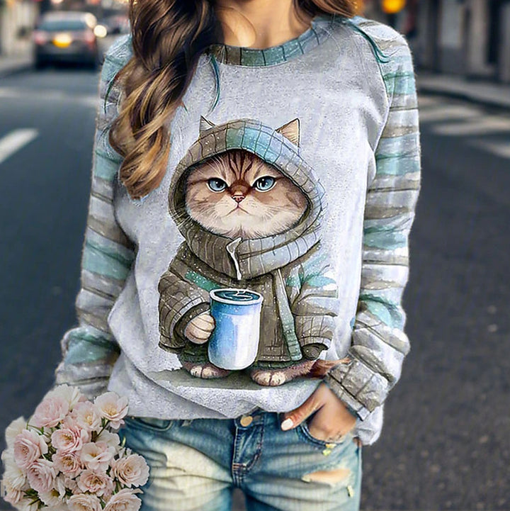 Damen nan lässiges Sweatshirt mit großem Kätzchen-Frontprint und gestreiften Raglanärmeln Echo Archiv