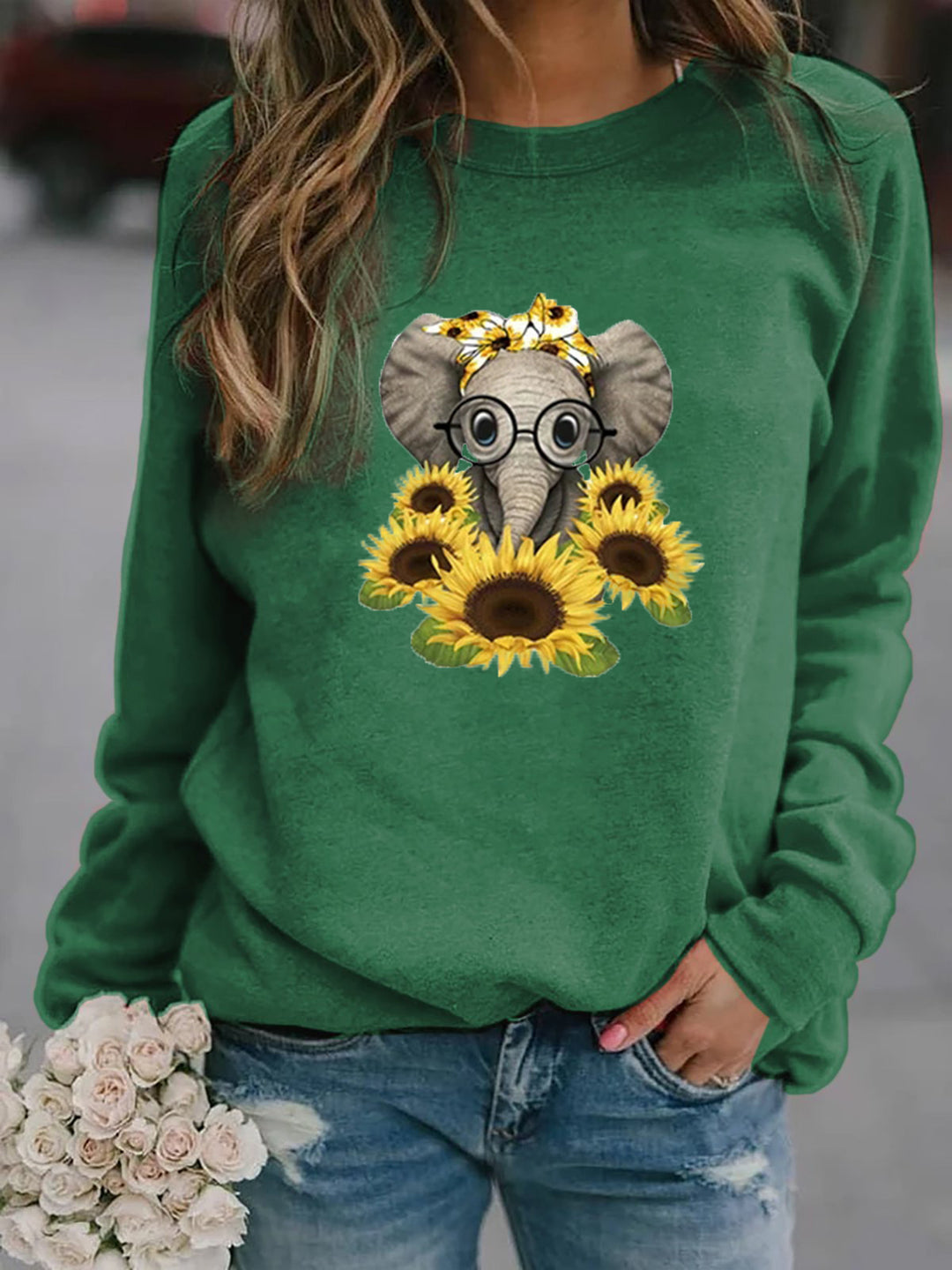 Damen-Sweatshirt mit Elefantenprint, Sonnenblumenmotiv und weichem Fleece – Mavelle