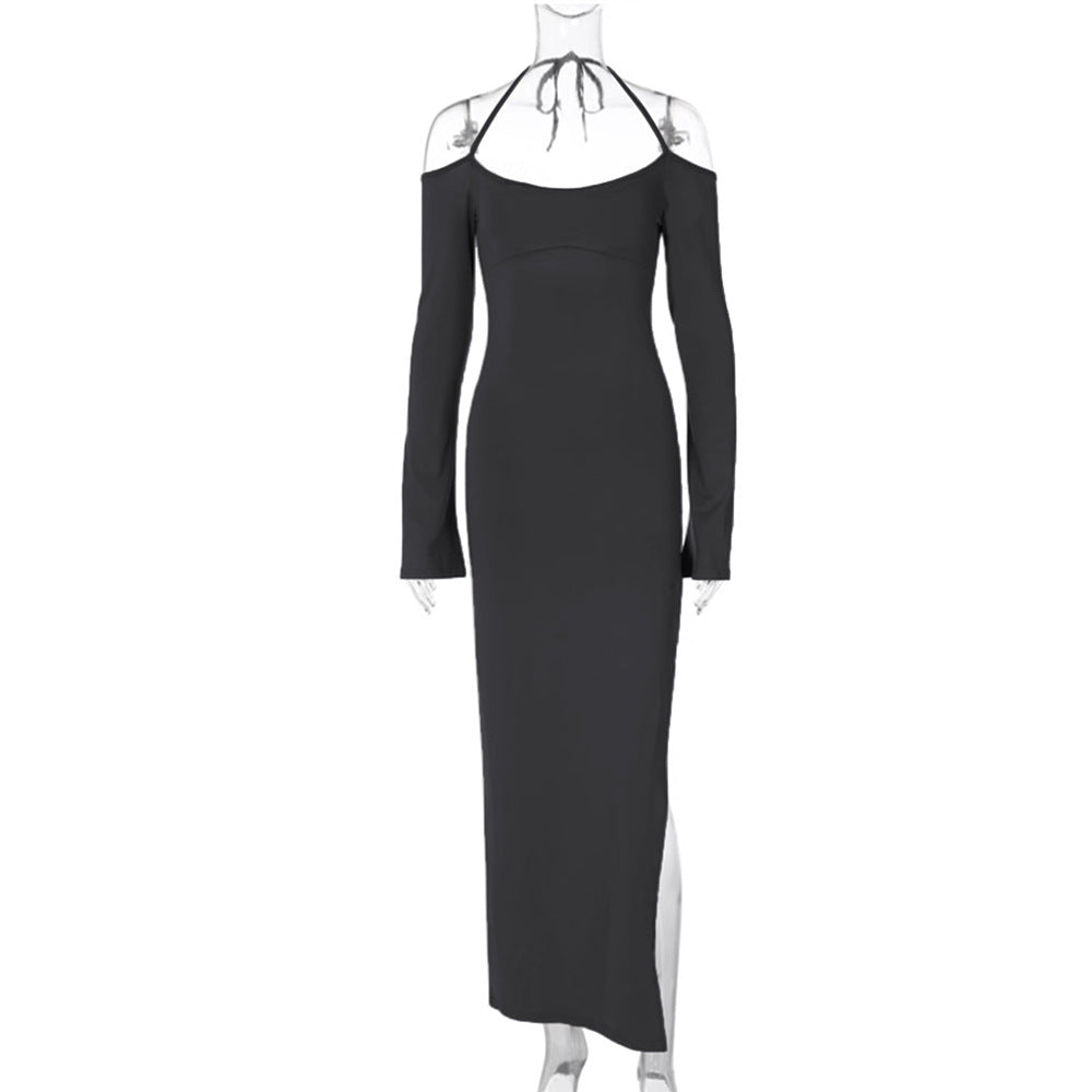 Damen langes Abendkleid mit Neckholder und schulterfreiem Bell-Ärmel, figurbetonter Taillenraffung und hohem seitlichem Beinschlitz – Valéora