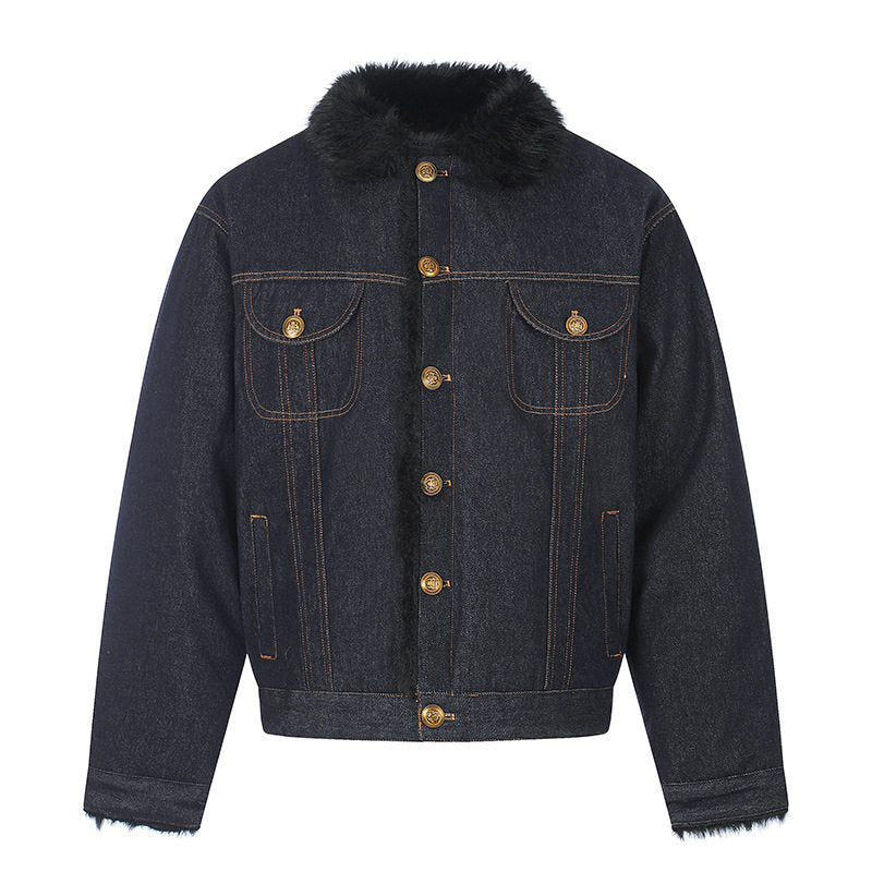Damen gefütterte Jeansjacke mit Kunstfellkragen, Teddy‑Innenfutter und Goldknopf-Details Echoarchiv