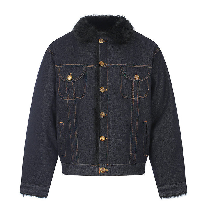 Damen gefütterte Jeansjacke mit Kunstfellkragen, Teddy‑Innenfutter und Goldknopf-Details Echoarchiv