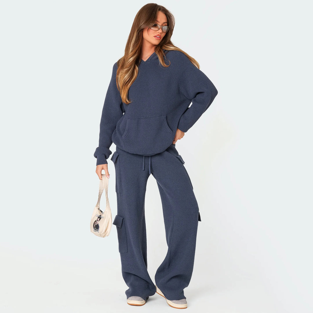 Damen nan gerippter Kapuzenpullover aus Feinstrick mit Kängurutasche und relaxed Fit Echo Archiv