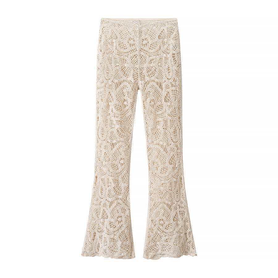Damen nan gehäkelte Schlaghose mit floralem Crochetmuster, elastischem Bund und teilgefüttertem Innenbein Echo Archiv