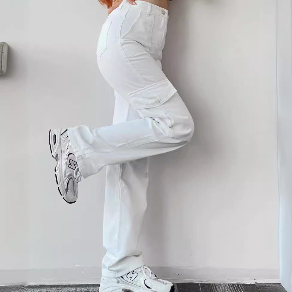 Damen Cargohose mit hoher Taille, geradem Bein und aufgesetzten Pattentaschen Echoarchiv