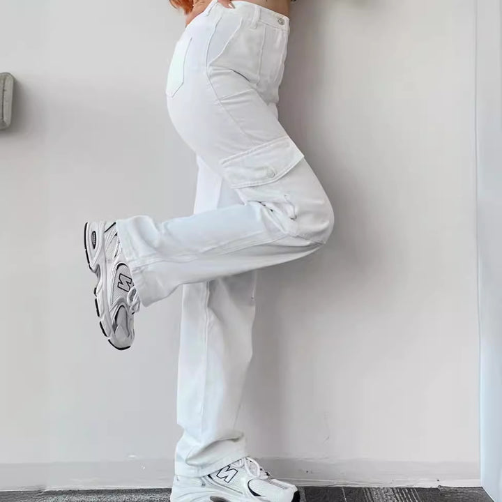 Damen Cargohose mit hoher Taille, geradem Bein und aufgesetzten Pattentaschen Echoarchiv