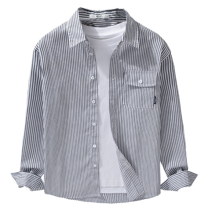 Herren Leichtes gestreiftes Hemdjacken-Overshirt aus Baumwoll-Leinenmix mit Brusttasche Echoarchiv