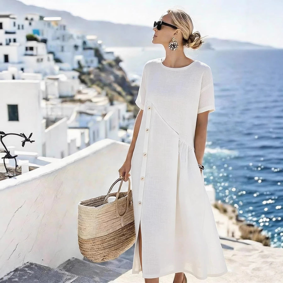 Damen Luftiges Sommerkleid mit seitlicher Knopfleiste, kurzen Ärmeln und Schlitz – Lunéa