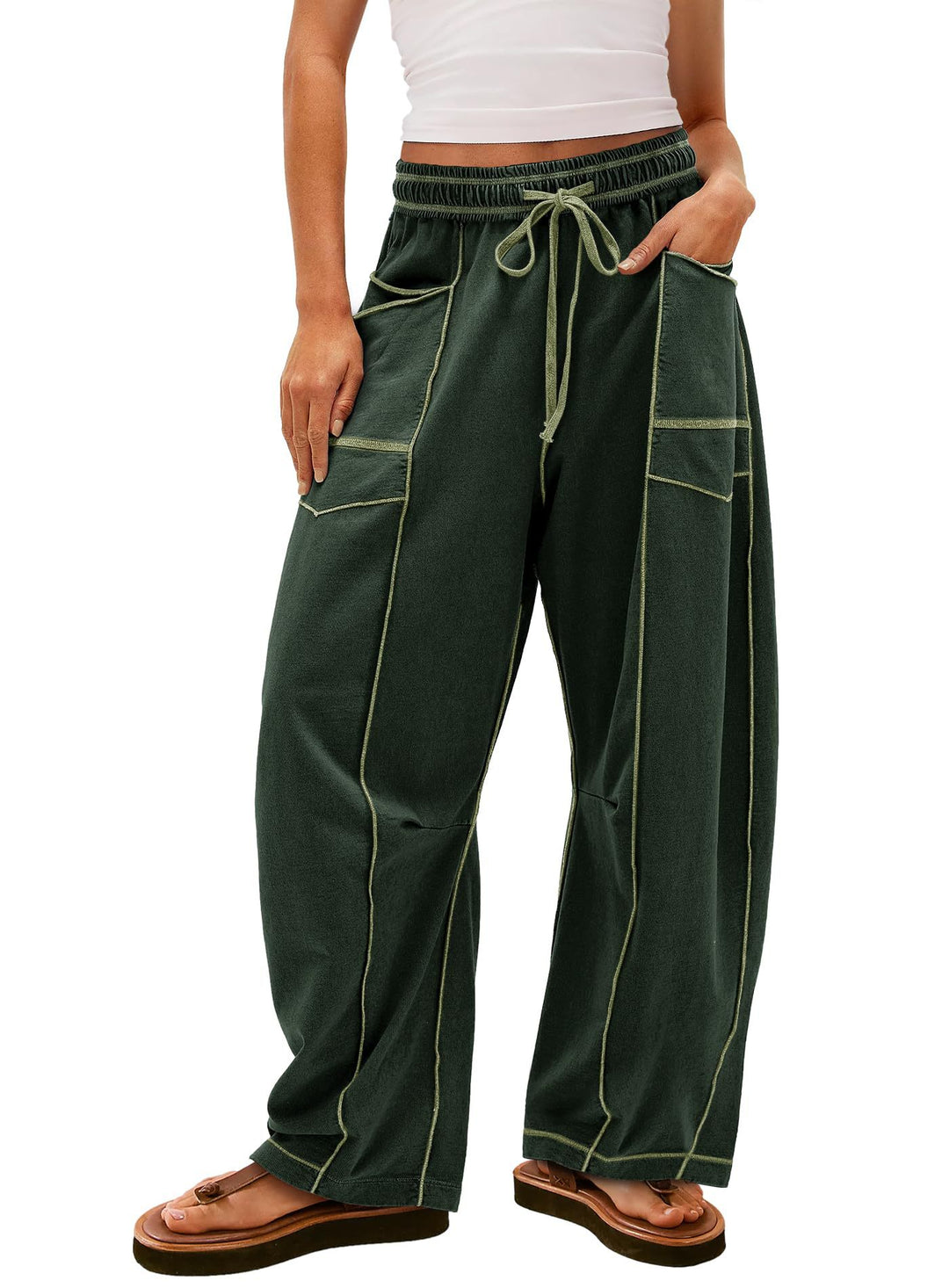 Damen weite Cargo-Loungehose mit elastischem Bund und Kontrastnähten – Avérine