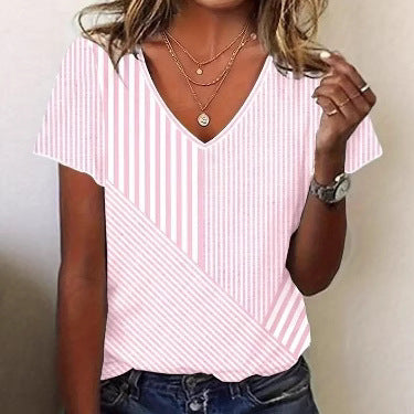 Damen nan gestreifte V-Ausschnitt-Bluse mit asymmetrischem Streifenmix und Kurzarm Echo Archiv