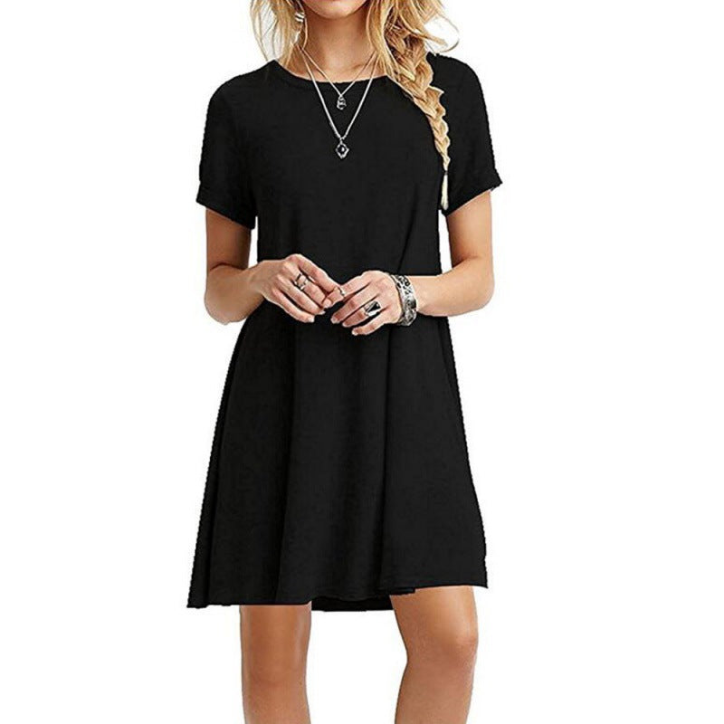 Damen locker fallendes Freizeitkleid mit Rundhalsausschnitt und kurzen Ärmeln Echoarchiv