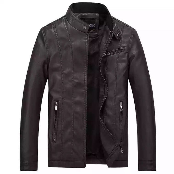 Herren Slim-Fit Kunstlederjacke im Bikerstil mit Stehkragen und vertikalen Ziernähten Echoarchiv