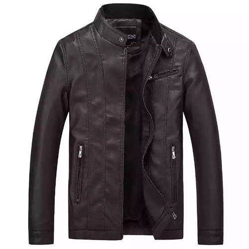 Herren Slim-Fit Kunstlederjacke im Bikerstil mit Stehkragen und vertikalen Ziernähten Echoarchiv