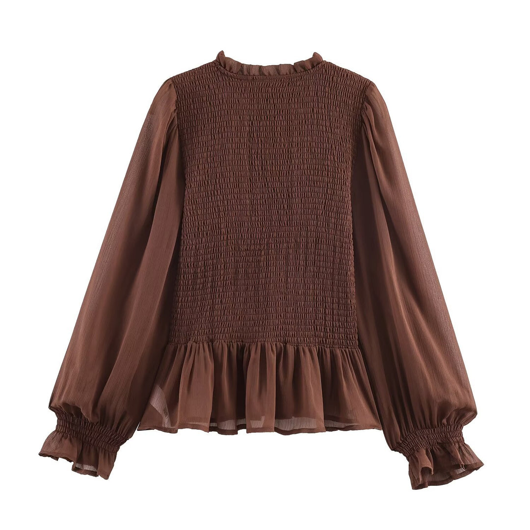 Damen Chiffonbluse mit Smokoberteil, voluminösen Ballonärmeln und Rüschenkragen Echoarchiv