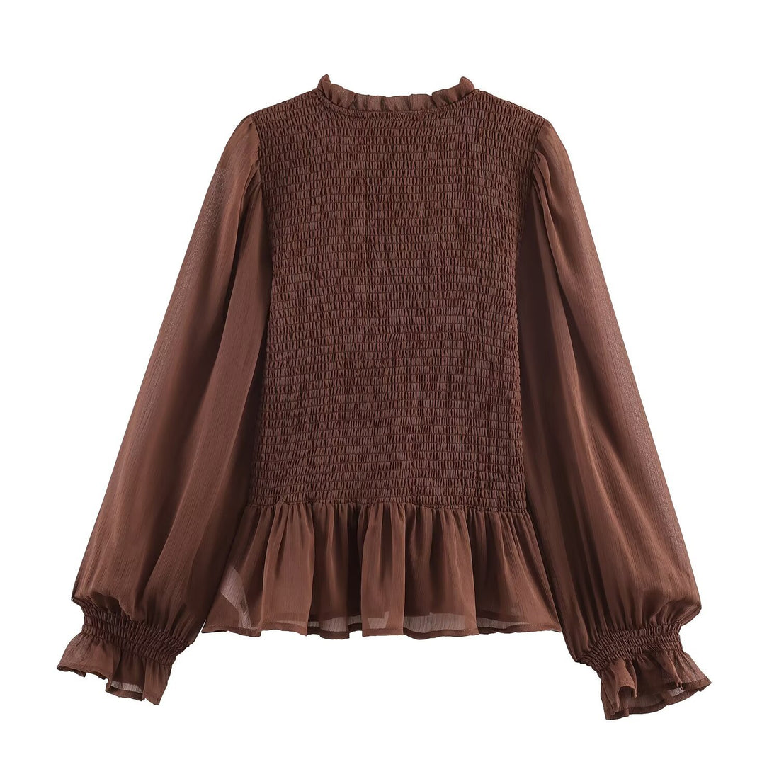 Damen Chiffonbluse mit Smokoberteil, voluminösen Ballonärmeln und Rüschenkragen Echoarchiv