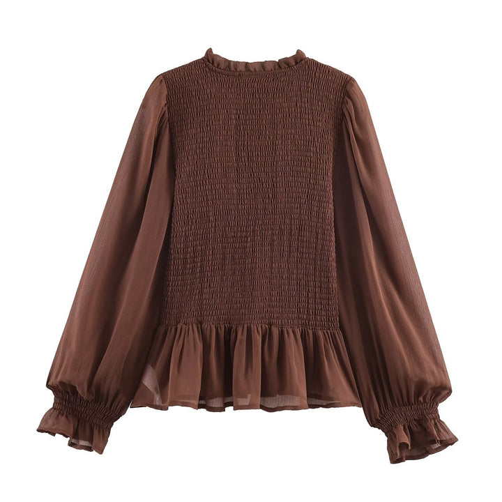 Damen Chiffonbluse mit Smokoberteil, voluminösen Ballonärmeln und Rüschenkragen Echoarchiv