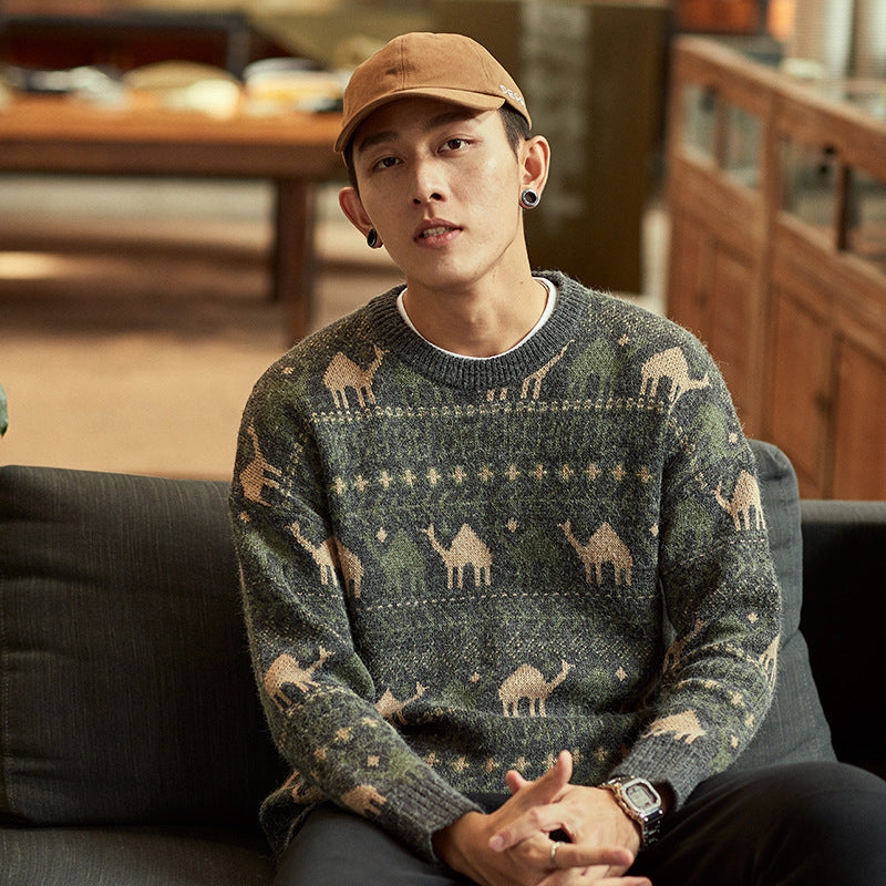 Herren Strickpullover mit Kamel-Jacquardmuster und geripptem Saum Echoarchiv