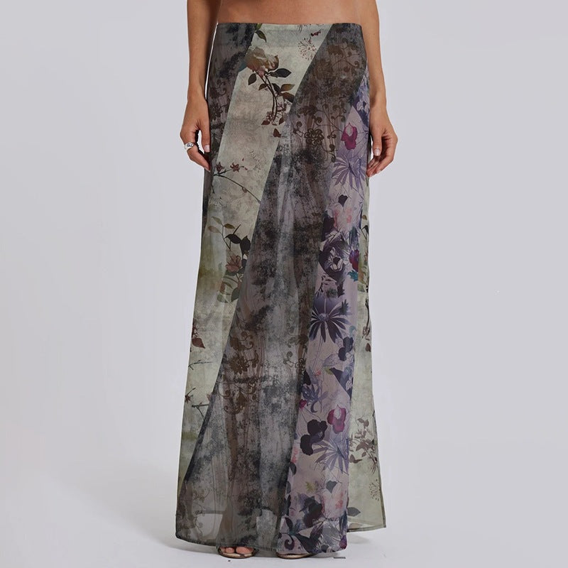 Damen Langer Maxirock mit diagonalen Patchwork-Prints und schlanker A-Linie Echo Archiv