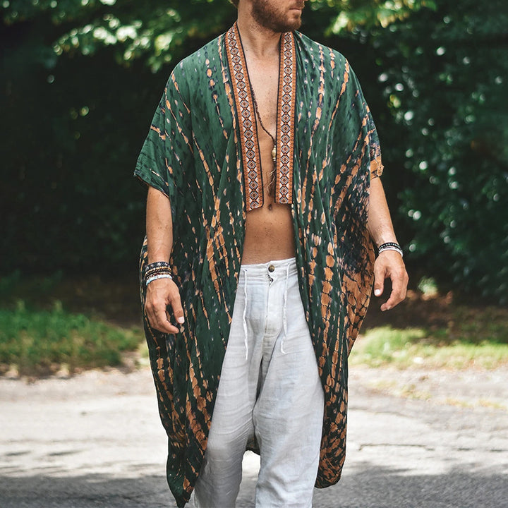 Herren Langer Batik-Kimono aus leichter Viskose mit Ornamentbesatz Echoarchiv