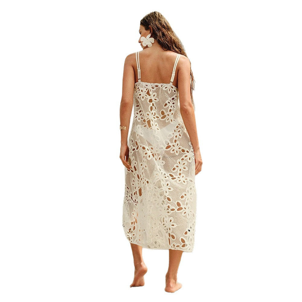 Damen elegantes transparentes Strandkleid mit floralen Häkelverzierungen Echo Archiv