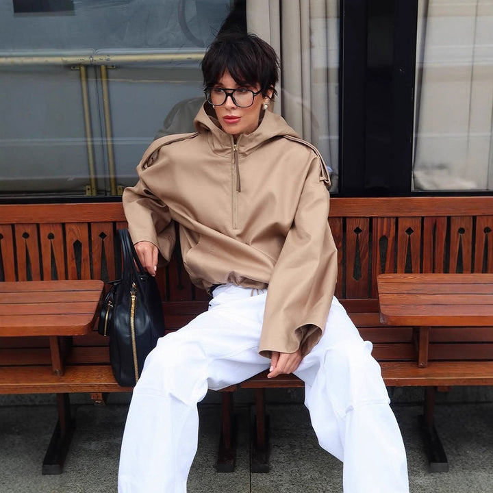 Damen Oversize Kapuzen-Pulloverjacke mit halbem Reißverschluss und Schulterpasse Echoarchiv