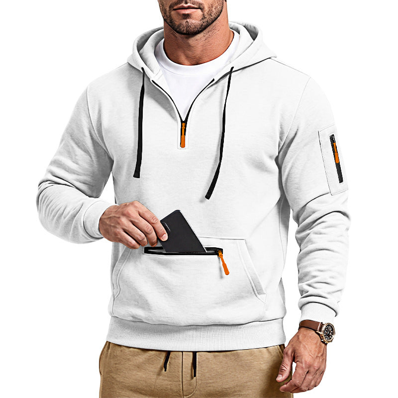 Herren sportlicher Kapuzenpullover mit halbem Reißverschluss und verschließbarer Kängurutasche – Cavarno