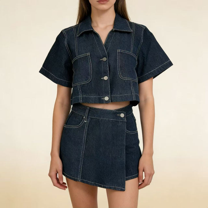 Damen kurz geschnittene Denim-Bluse mit zwei aufgesetzten Taschen Echo Archiv