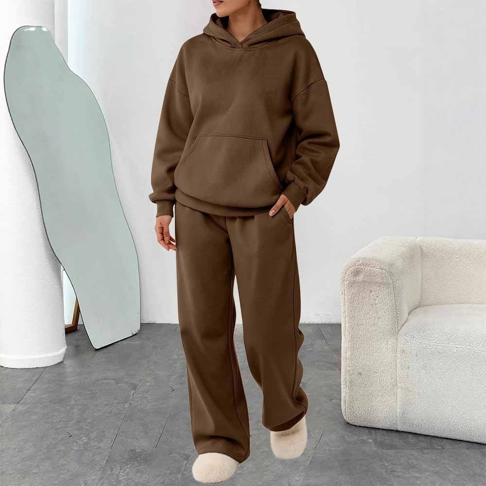 Damen zweiteiliges Freizeit-Lounge-Set mit Kapuzenpullover, Kängurutasche und gerader Loungehose aus weichem Baumwollmix – Auréline