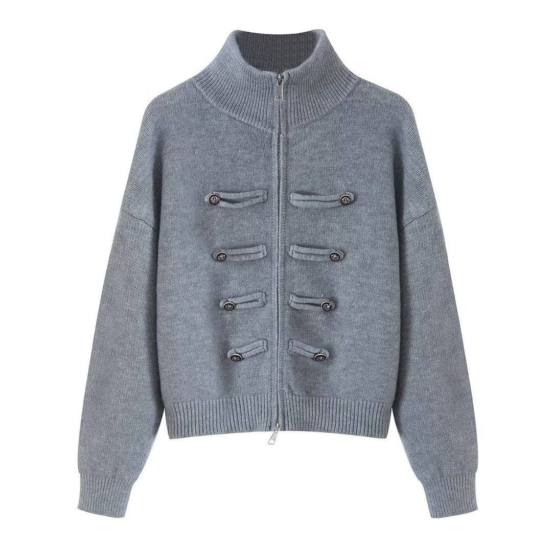 Damen Strickjacke mit Stehkragen, Reißverschluss und dekorativen Knotenblenden Echoarchiv