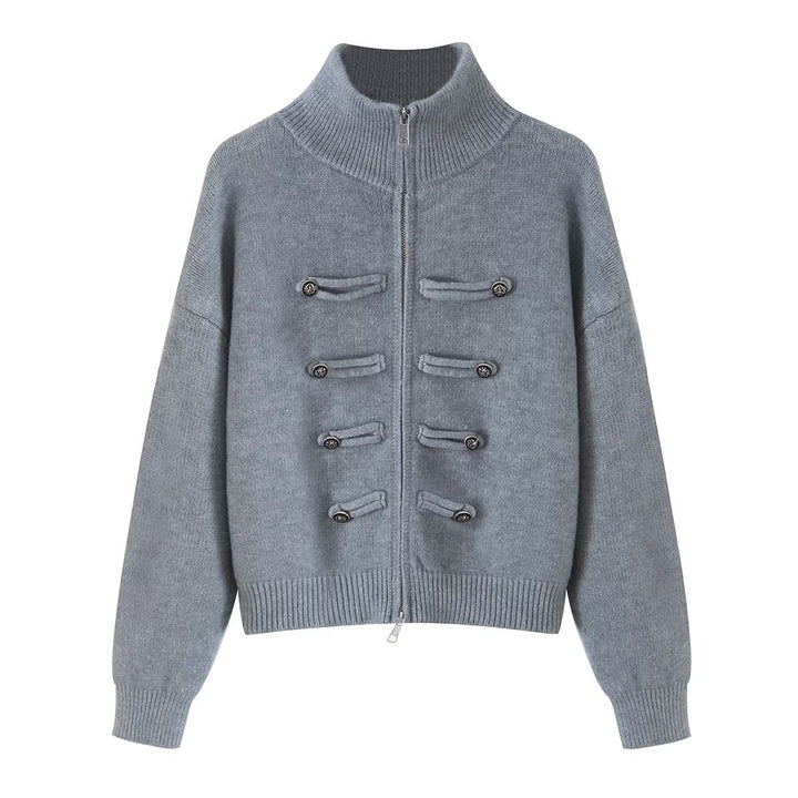 Damen Strickjacke mit Stehkragen, Reißverschluss und dekorativen Knotenblenden Echoarchiv